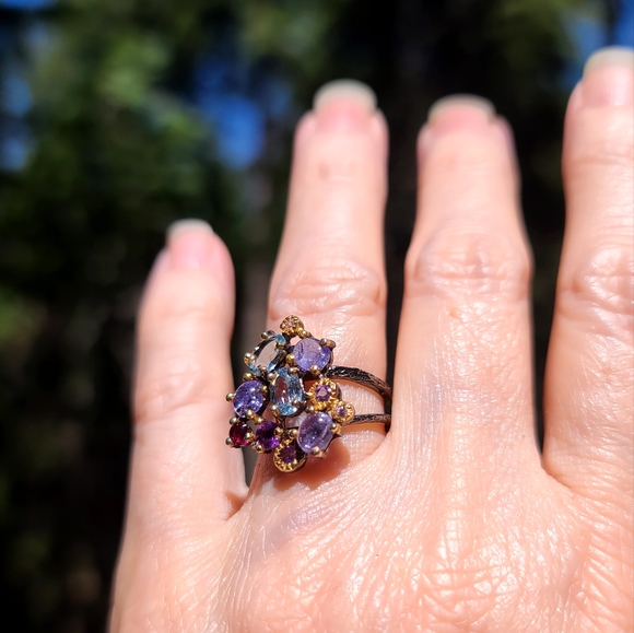 Blue Topaz Tanzanite Amethyst & Rhodolite Sterling 🍸 Cocktail 💍 ring sz6.5 - Picture 5 of 8